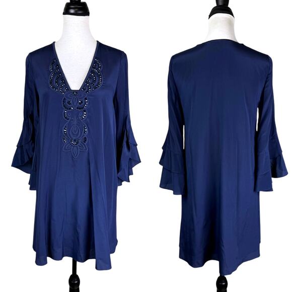 Lilly Pulitzer Tatiana Navy Sequin Silk Blend Long Bell Sleeve Mini Tunic Dress - Picture 3 of 13